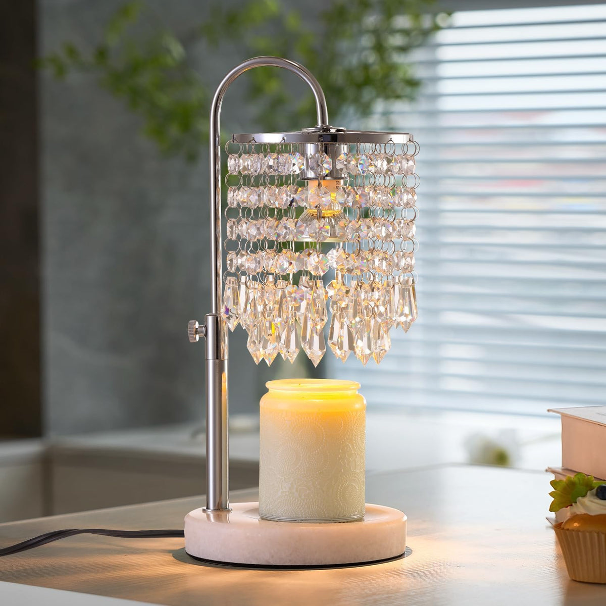 Candle Warmer Lamp with Timer Dimmer，2H/4H/8H Timer , Lamp Candle Warmer with Marble Base for Adjustable Height, Crystal Wax Melt Warmer for Jar Candles, House Warming Decor Gifts Mothers Day Gifts