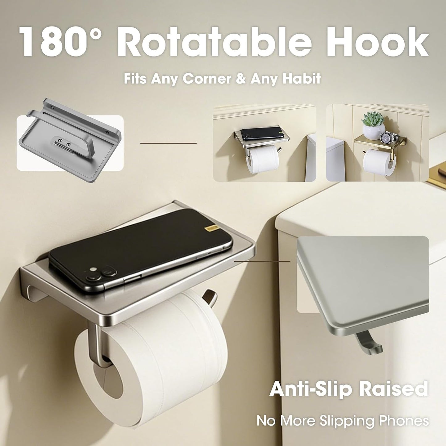 TRUSTMI Toilet Paper Holder with Phone Shelf, Zinc Alloy, Brushed Gold | Solid zinc alloy holder holds 15 lbs and fits jumbo rolls. Shelf stores phones and wipes for easy bathroom organization