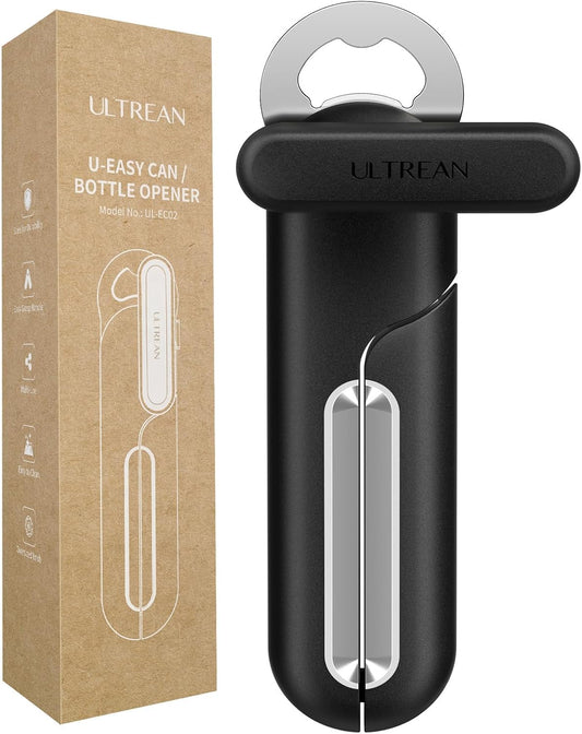 Ultrean Can Opener Manual, Heavy Duty Stainless Steel Smooth Edge Can Opener with Ergonomic Handles and Oversized Easy Turn Knob for Seniors, Black