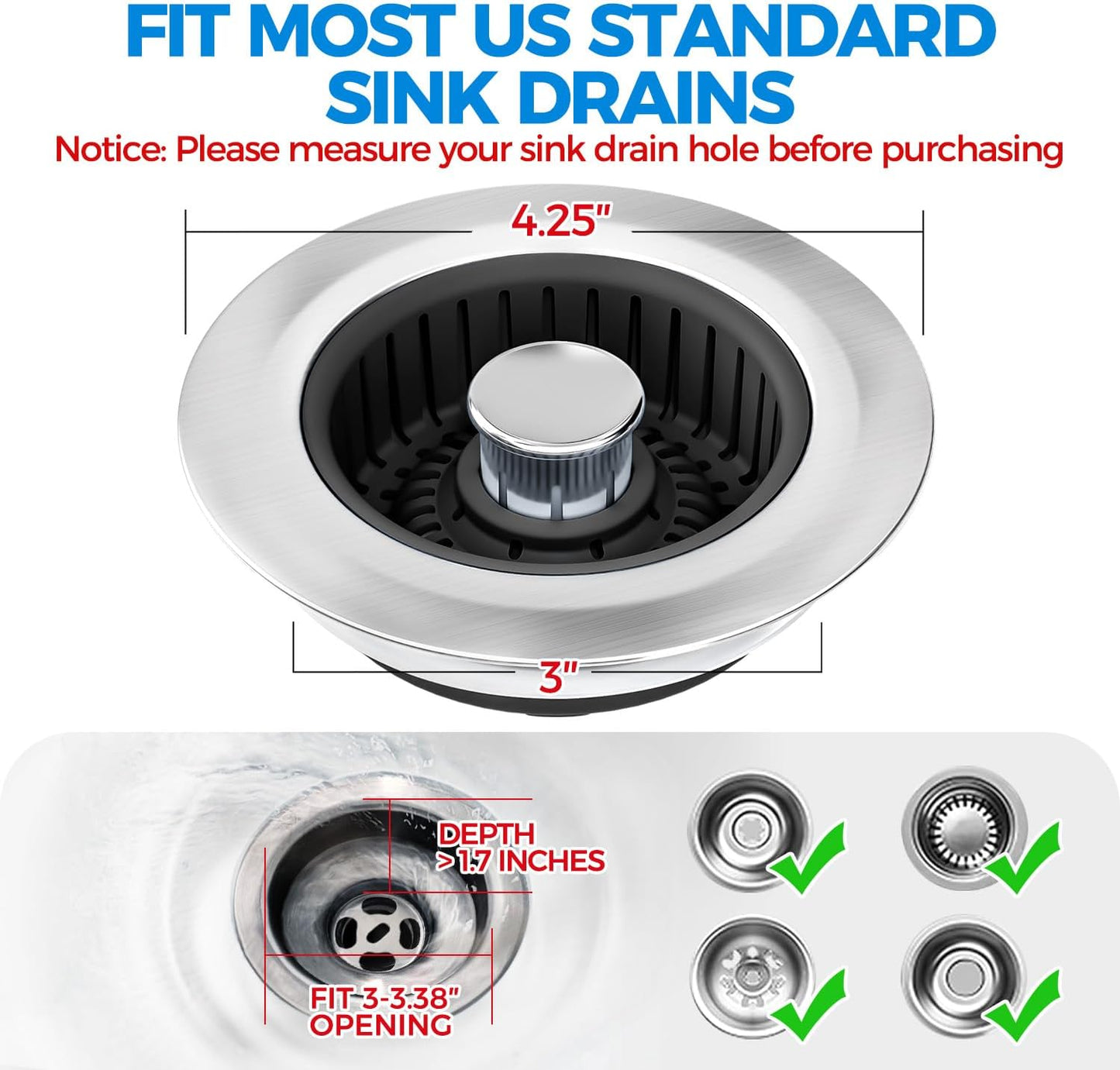 3 in 1 Kitchen Sink Drain Strainer Stopper Removable Basket Pop-Up | Kitchen Sink Food Strainer 1 Pack Silver Stainless - Food Catcher, Odor-Block Seal, Fits 3.5" Drain, Easy Clean
