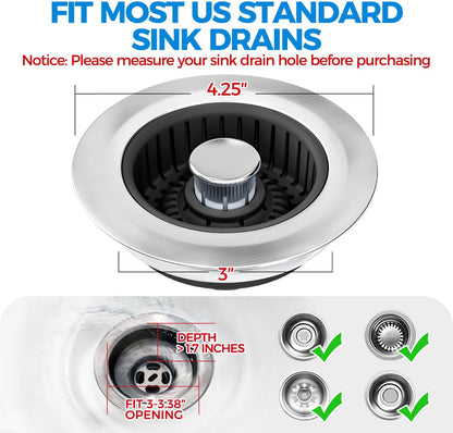 3 in 1 Kitchen Sink Drain Strainer Stopper Removable Basket Pop-Up | Kitchen Sink Food Strainer 1 Pack Silver Stainless - Food Catcher, Odor-Block Seal, Fits 3.5" Drain, Easy Clean