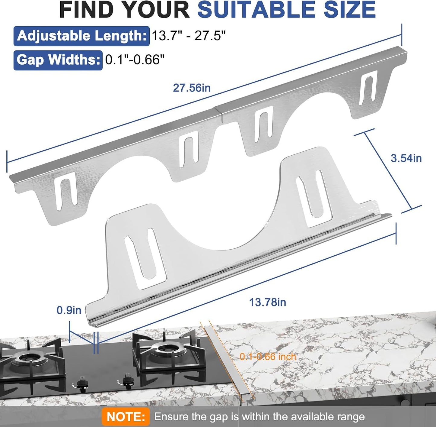 Stove Gap Covers Stainless Steel, Stove Gap Guard Between Stove and Counter | Heat Resistant Stove Gap Filler, Retractable Length 13.8" to 27.5", 0.79" W, Range Trim Kit for Oven Counter Side Gap-Silver