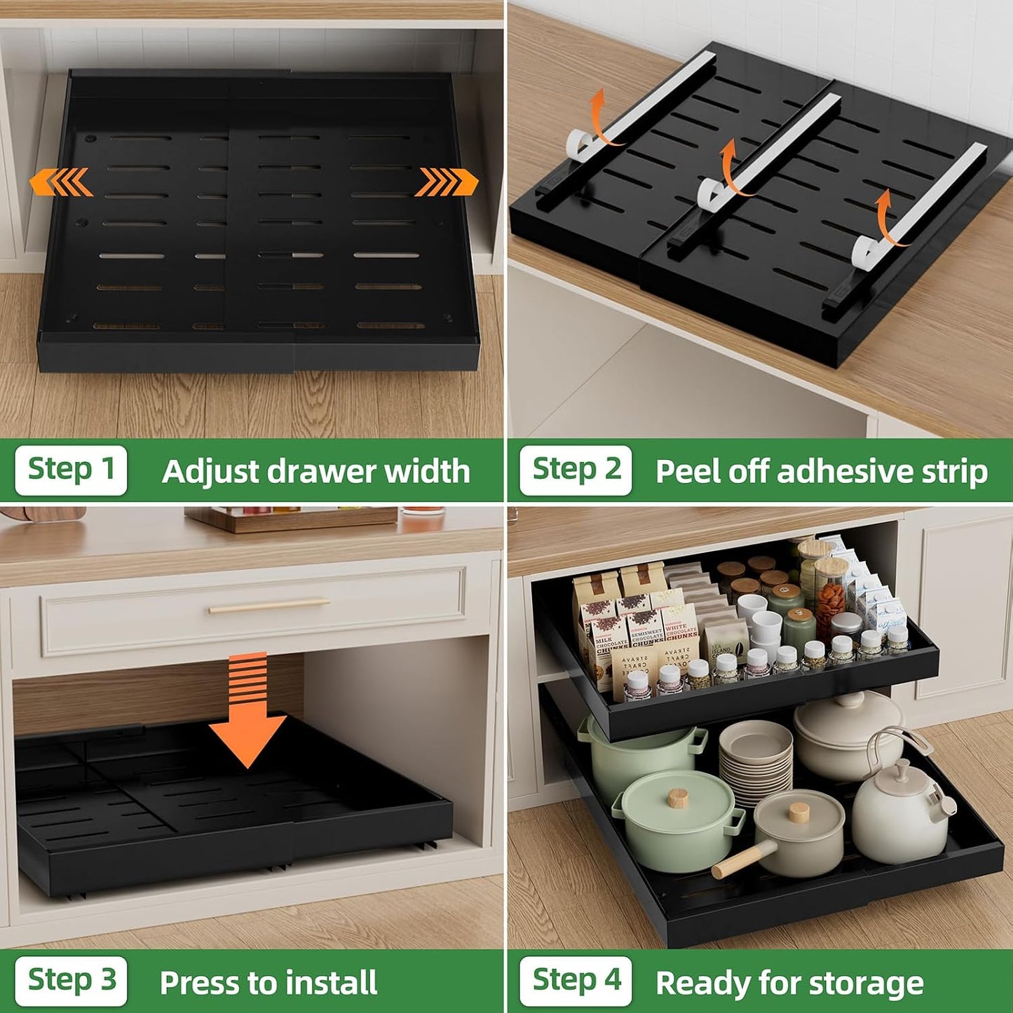 PAKETA 4 Pack Expandable Pull Out Cabinet Organizer,21" Deep | Pull Out Drawers for Cabinets with width from 12" to 20",Sliding Drawers for Cabinets with Upgrade 3 Slide Rails,hold 65 lbs
