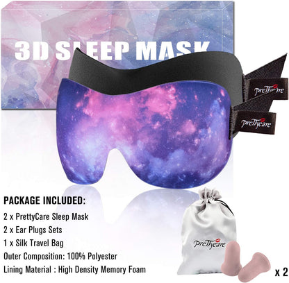 PrettyCare 3D Sleep Mask 2 Pack,Eye Mask for Side Sleeper 3D Contoured Sleeping Mask Blackout Out for Men- Blindfold Airplane with Ear Plugs, Night Masks with Travel Bag (Black&Blue)