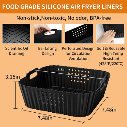 HOMELYLIFE Air Fryer Silicone Liners for Ninja AF141 AF142 5QT & AF181 6.5 QT AirFryer, Air Fryer Accessories for Cosori 5QT/6QT, 2 Pcs 9in Reusable Square Liners for Instant 6Qt &Other 5-8QT AirFryer