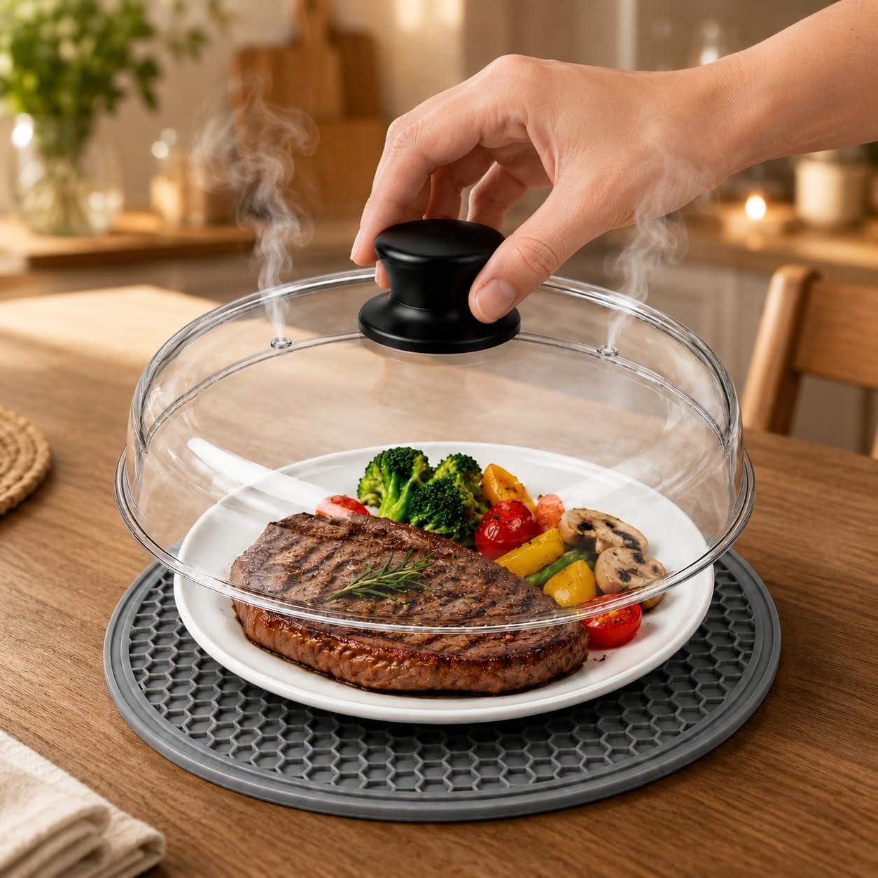 Glass Microwave Cover for Food, Tall Microwave Splatter Cover with Silicone Mat, Vent Holes, BPA Free, Dishwasher Safe, 10 Inch, High Borosilicate Glass Plate Lid with Side Tabs