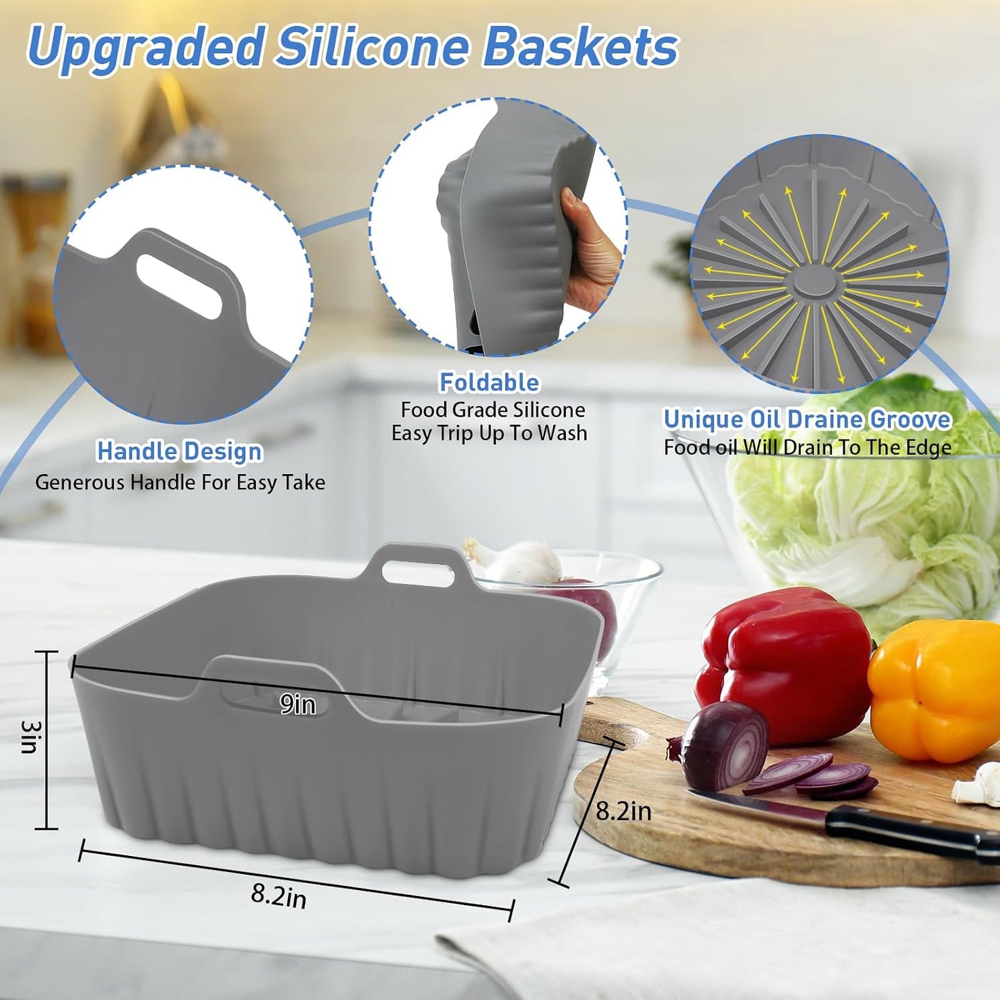 Silicone Air Fryer Liners 10QT, Reusable Airfryer Basket Liners Rectangular for Ninja DZ550/DZ401, 2Pcs 5QT Large Air Fryer Accessories,Replacement Basket Insert with Magnetic Cheat Sheet (2 Pcs Grey)