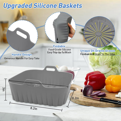Silicone Air Fryer Liners 10QT, Reusable Airfryer Basket Liners Rectangular for Ninja DZ550/DZ401, 2Pcs 5QT Large Air Fryer Accessories,Replacement Basket Insert with Magnetic Cheat Sheet (2 Pcs Grey)