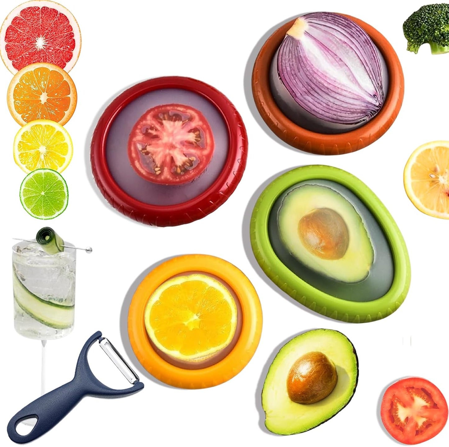 Zyphora Avocado Saver, 5-Piece Fruit Saver Container Set with Peeler | 4 reusable BPA-free ABS and silicone containers, 1 stainless steel peeler, airtight, leak-proof, dishwasher and freezer safe