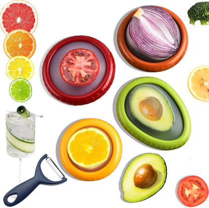 Zyphora Avocado Saver, 5-Piece Fruit Saver Container Set with Peeler | 4 reusable BPA-free ABS and silicone containers, 1 stainless steel peeler, airtight, leak-proof, dishwasher and freezer safe