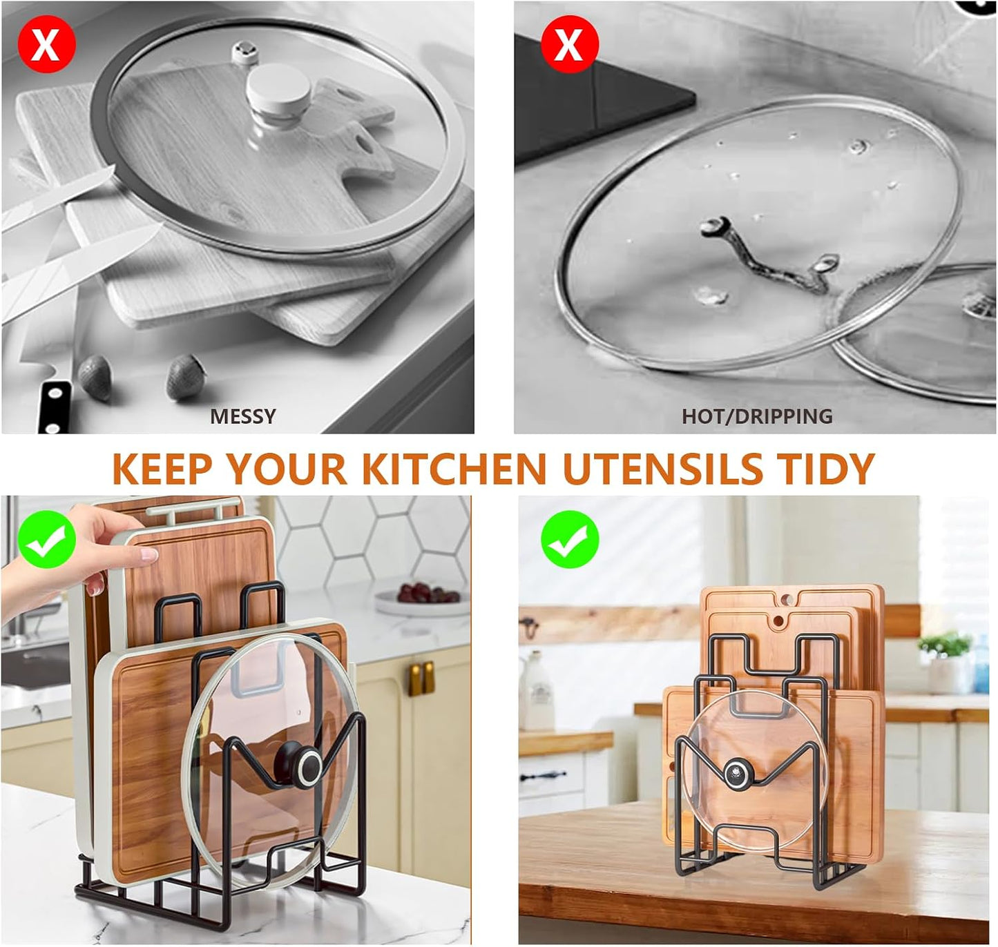 Multifunctional Cutting Board Organizer, Cutting Board Holder Rack Baking Cookie Pan Sheets Cooling Racks Storage Stand for Kitchen Cabinet -Divided Holder with 4 Slots (2PS Black)