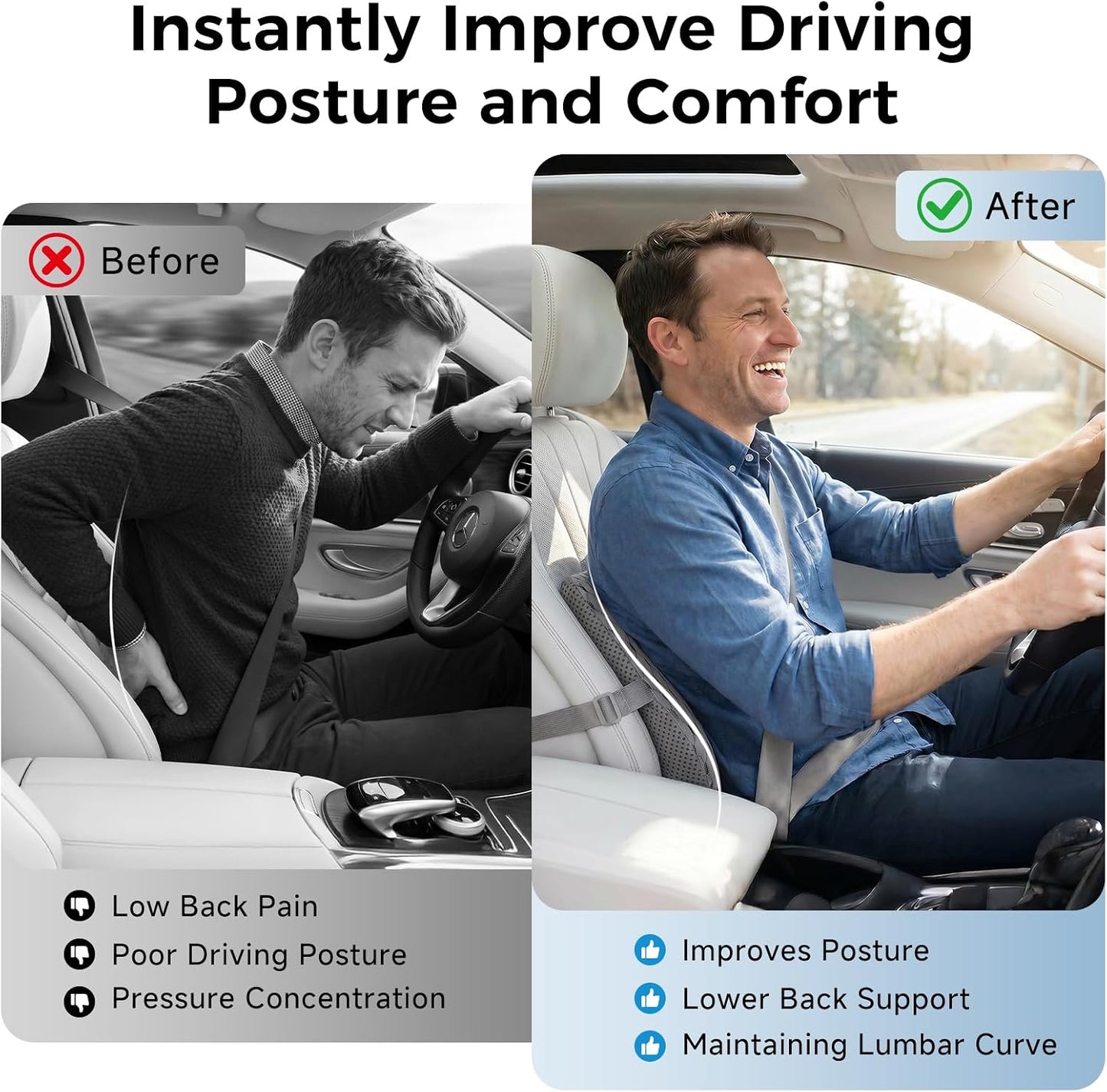 Lumbar Support Pillow for Car & Office Chair - High-Density Memory Foam Back Cushion for Sciatica & Lower Back Pain Relief - Non-Slip Support for Long Commutes & Desk Workers (Black)