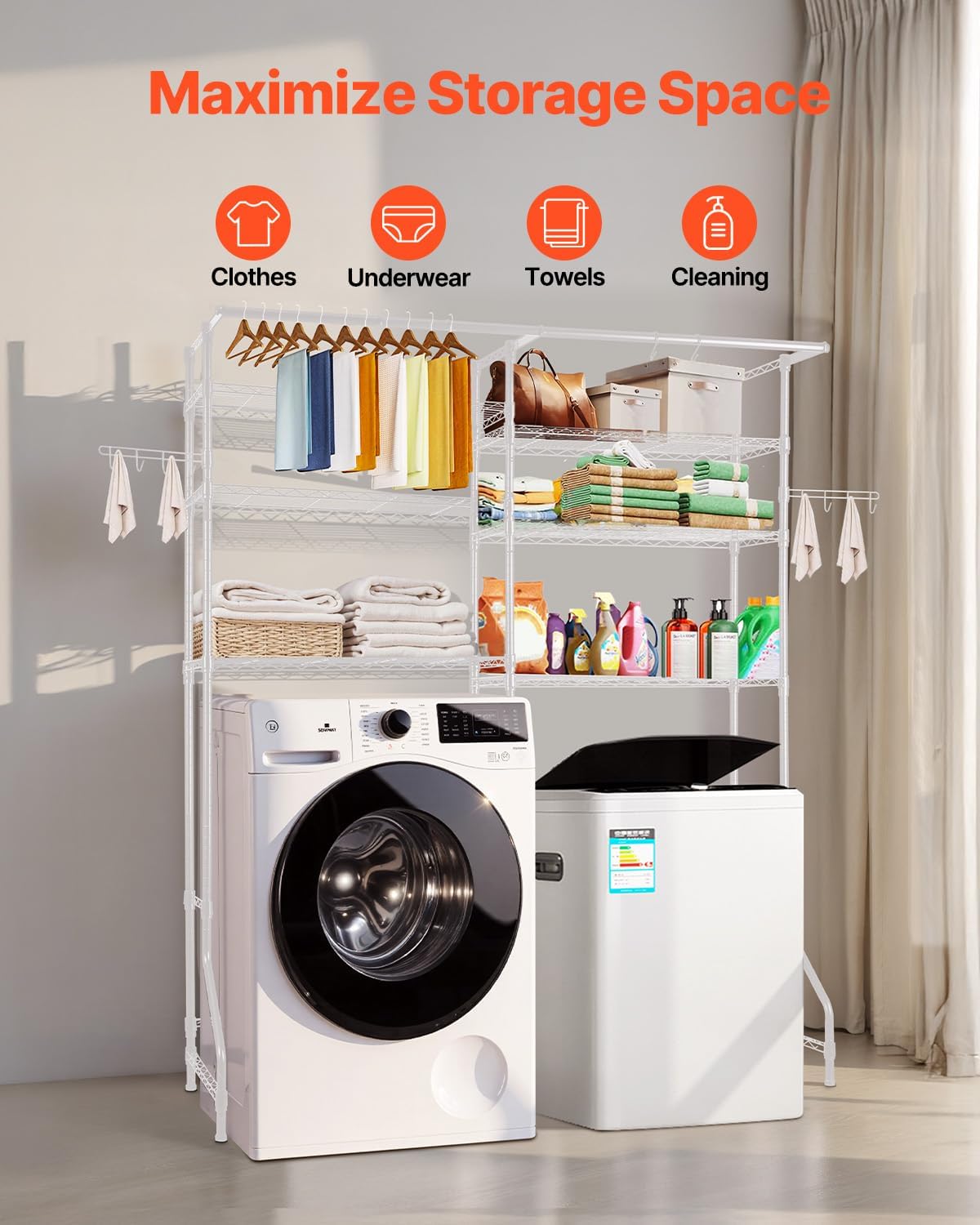 VEVOR Over the Washer and Dryer Storage Shelf, 5 Tier Laundry Room Drying Rack with Hanger Rod and Hooks, Adjustable Over Washer and Dryer Shelves, Laundry Room Shelf Storage Space Saver, White