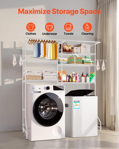 VEVOR Over the Washer and Dryer Storage Shelf, 5 Tier Laundry Room Drying Rack with Hanger Rod and Hooks, Adjustable Over Washer and Dryer Shelves, Laundry Room Shelf Storage Space Saver, White