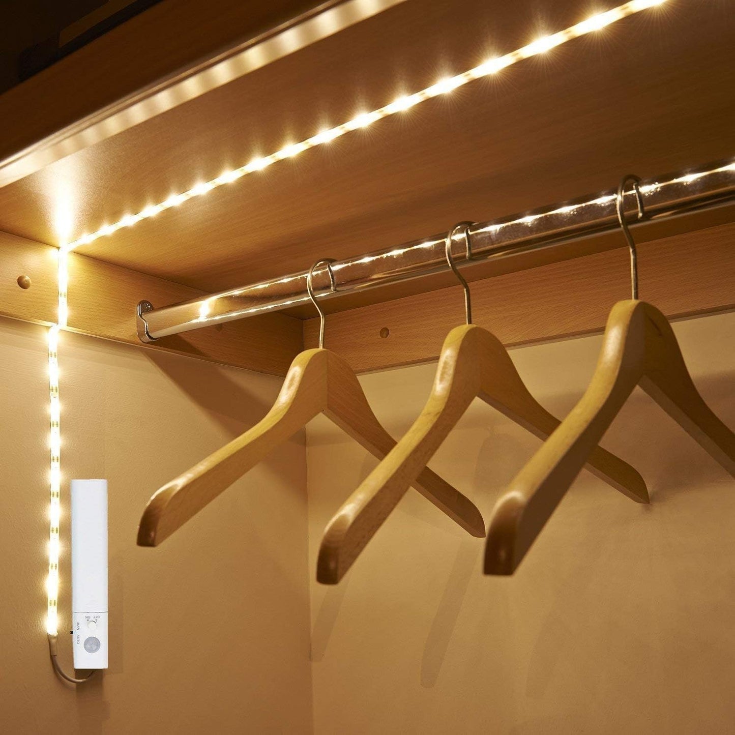 Cuttable Battery Operated Motion Sensor LED Light Strip Indoor 10 ft | Motion Sensored Activated Cordless Warm White LEDs Tape Lights for Bedroom Closet Under Bed Cabinet Counter Shelf Stair