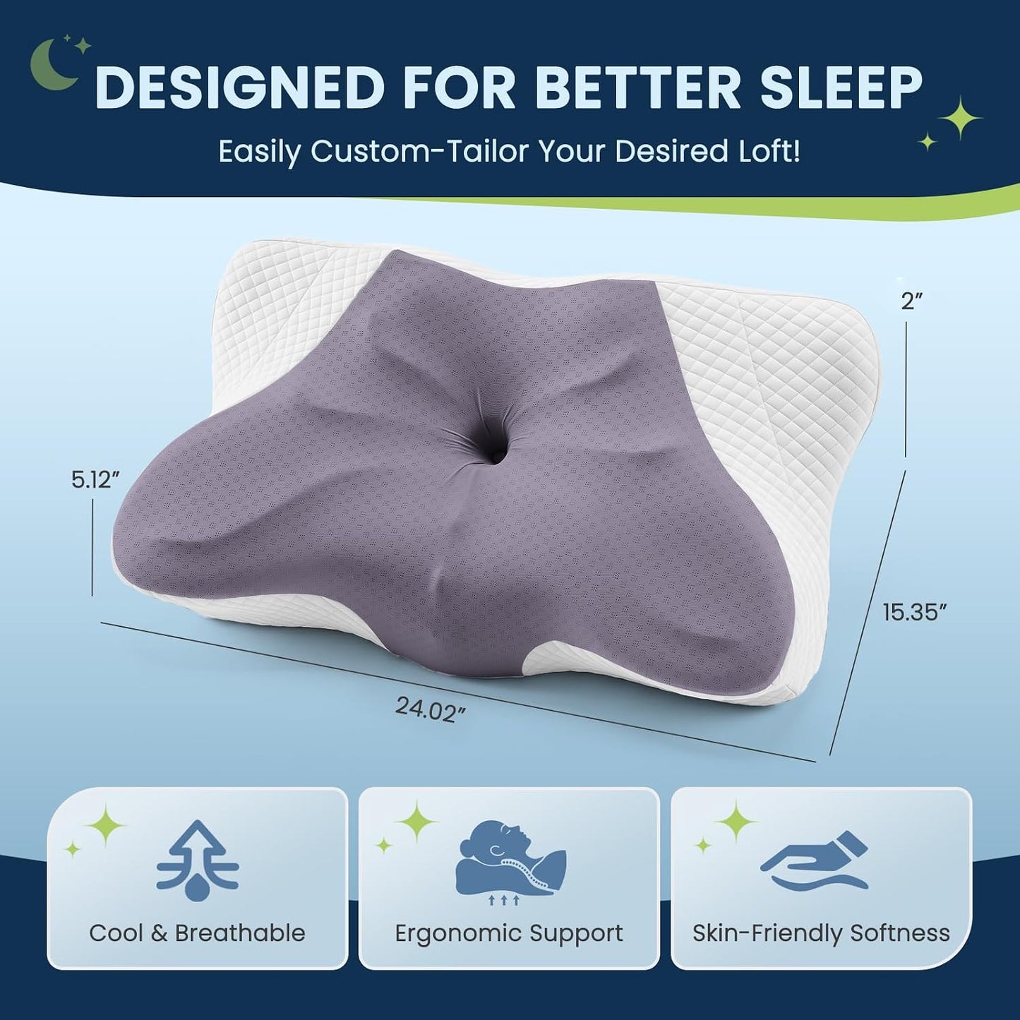 Sweetcrispy Cervical Pillow for Neck and Shoulder - Ergonomic Memory Foam Pillows, Contour Side Sleeper for Adults, Cooling Orthopedic Neck Support for Back Stomach Sleepers, White