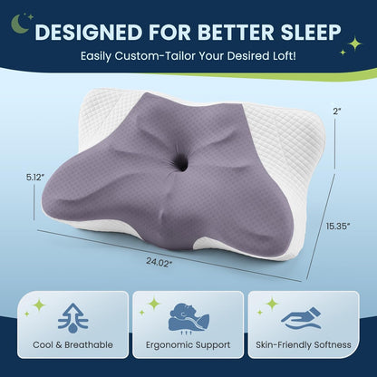 Sweetcrispy Cervical Pillow for Neck and Shoulder - Ergonomic Memory Foam Pillows, Contour Side Sleeper for Adults, Cooling Orthopedic Neck Support for Back Stomach Sleepers, White