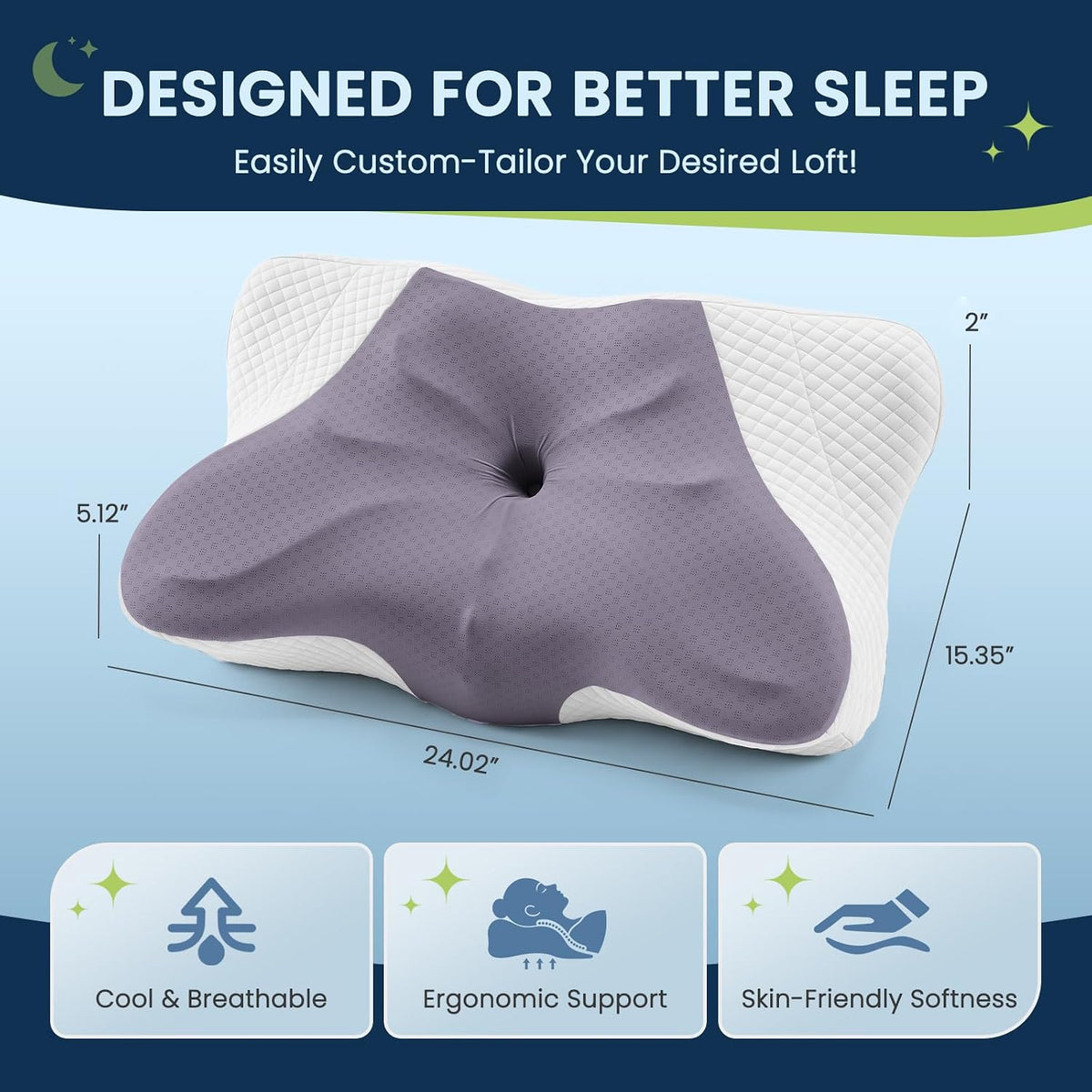 Sweetcrispy Cervical Pillow for Neck and Shoulder - Ergonomic Memory Foam Pillows, Contour Side Sleeper for Adults, Cooling Orthopedic Neck Support for Back Stomach Sleepers, White
