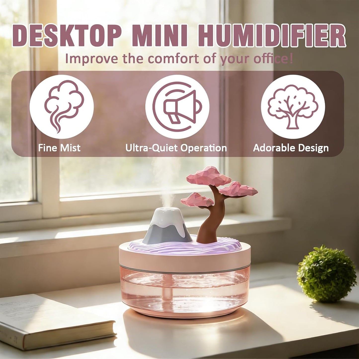 Cherry Blossom Cool Mist Humidifier, Whisper-Quiet Air Humidifier with Night Light for Nursery, Office, Home Decor