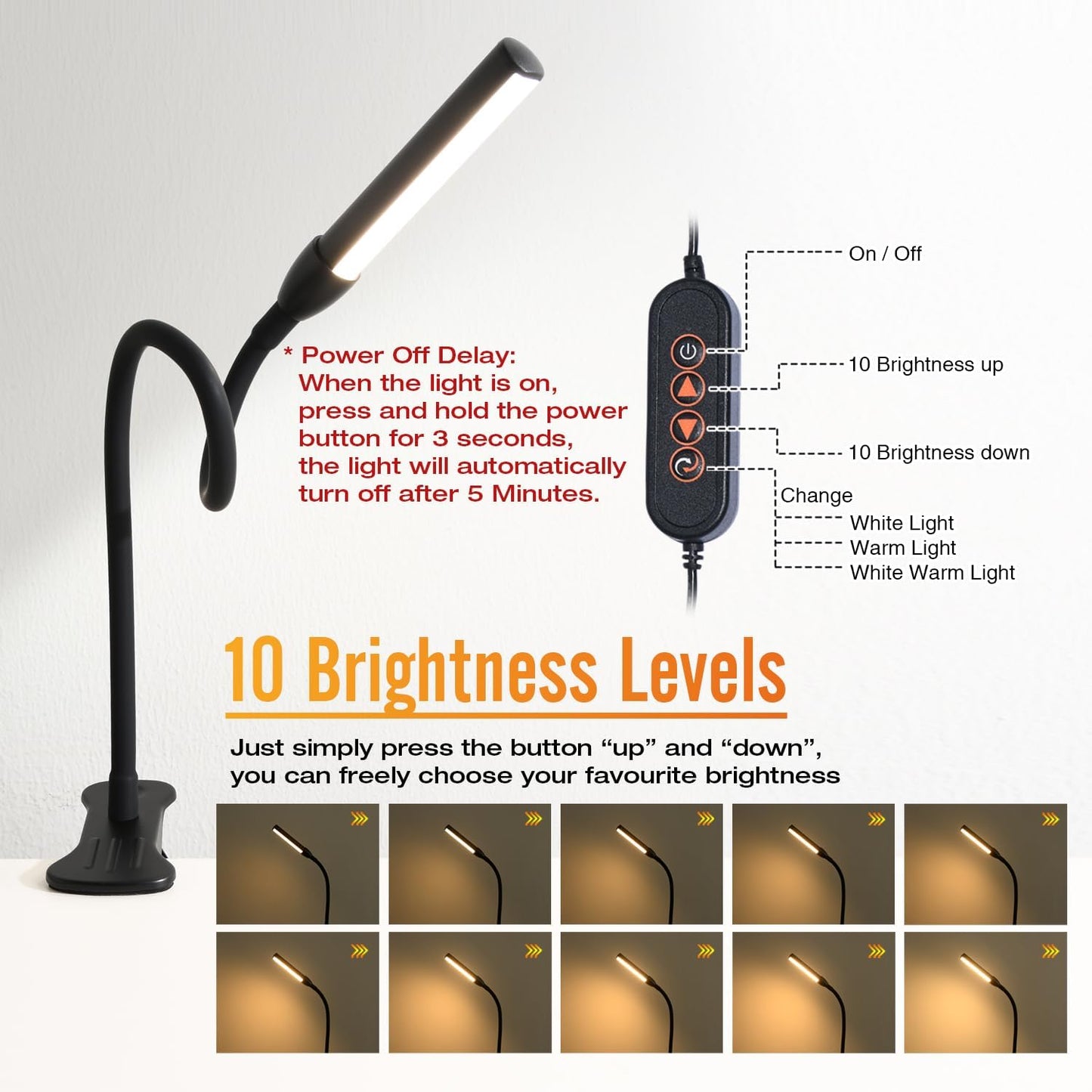 Clip on Reading Lamp, Clip Light, Warm & Daylight & White Light 3 Colors, Eye-Care Clamp Lamp with 10 Dimmable Illumination Modes