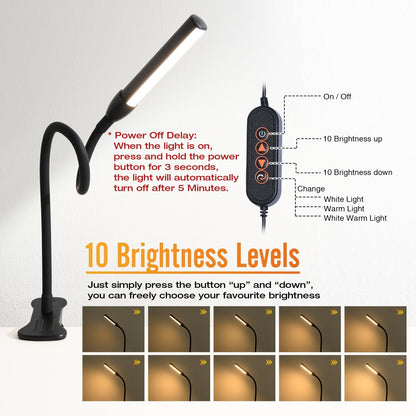 Clip on Reading Lamp, Clip Light, Warm & Daylight & White Light 3 Colors, Eye-Care Clamp Lamp with 10 Dimmable Illumination Modes