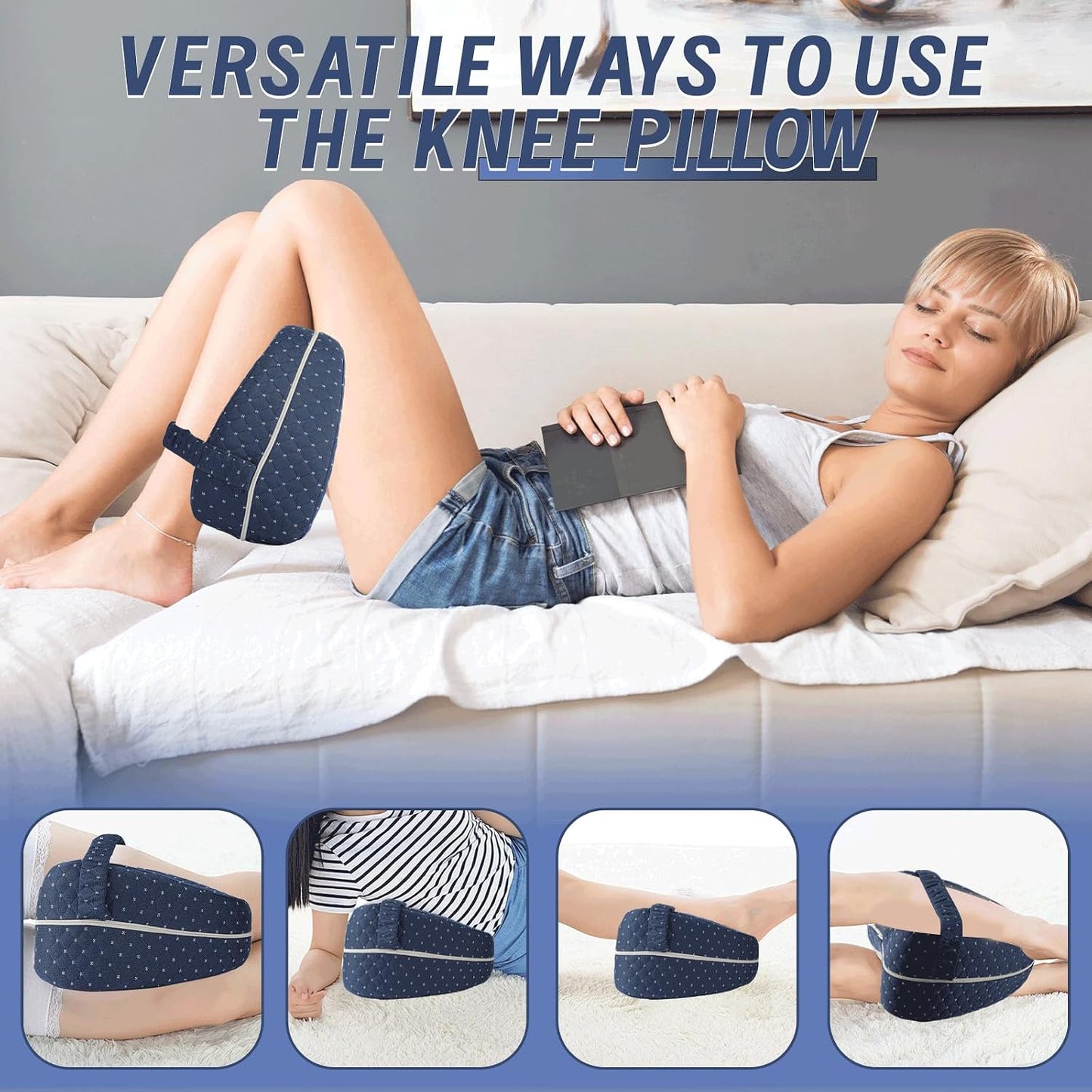 Knee Pillow for Side Sleepers, Memory Foam Leg Support with Adjustable Strap, Breathable Hollow Design for Hip and Back Comfort, Blue