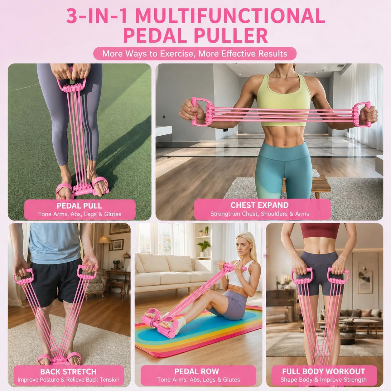 2026 NEW Pedal Resistance Band with Handle,8 Tube Detachable Elastic 3-in-1 Multifunctional Foot Pedal Resistance Assistance Expander for Foot Pedal Pull, Back Stretch & Chest Expand