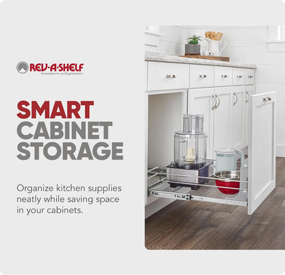 Rev-A-Shelf Pullout Organizer for Cabinets, Min Opening Width of 18" | STwo-Tier Steel Shelf for Kitchen or Vanity Cabinet Organization, Heavy Gauge Wire Slide Out Storage Basket, 5WB2-1822CR-1