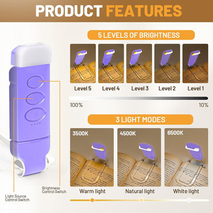 Book Reading Light Rechargeable Clip on Book Lamp with 3 Color Temperatures | 5-Level Dimmable Brightness, 3 Color Temperatures, 360° Rotatable USB Eye Caring