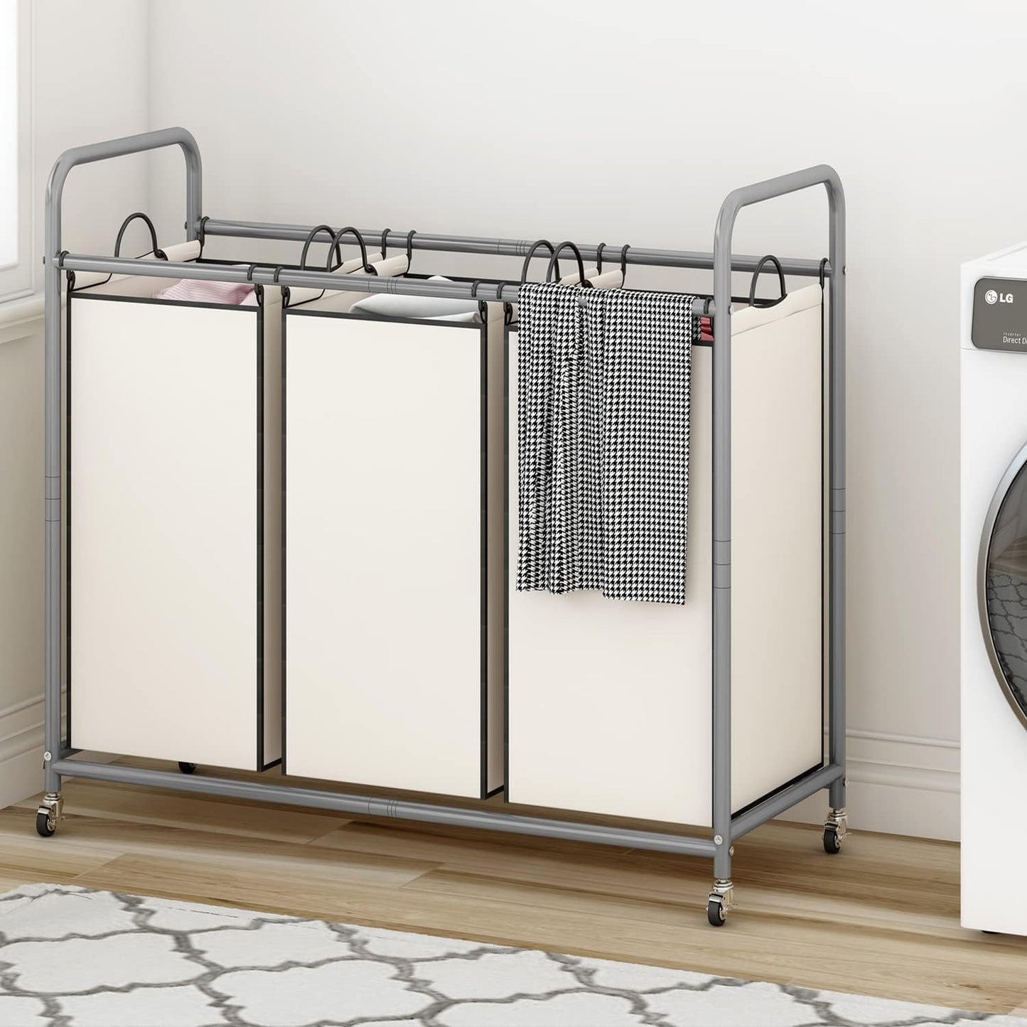 LINZINAR 3 Section Laundry Hamper, Black Laundry Basket 135L Laundry Sorter | Laundry Room Organization with Heavy Duty Rolling Lockable Wheels and Removable Bag, Bedroom Laundry Cart for Clothes Storage