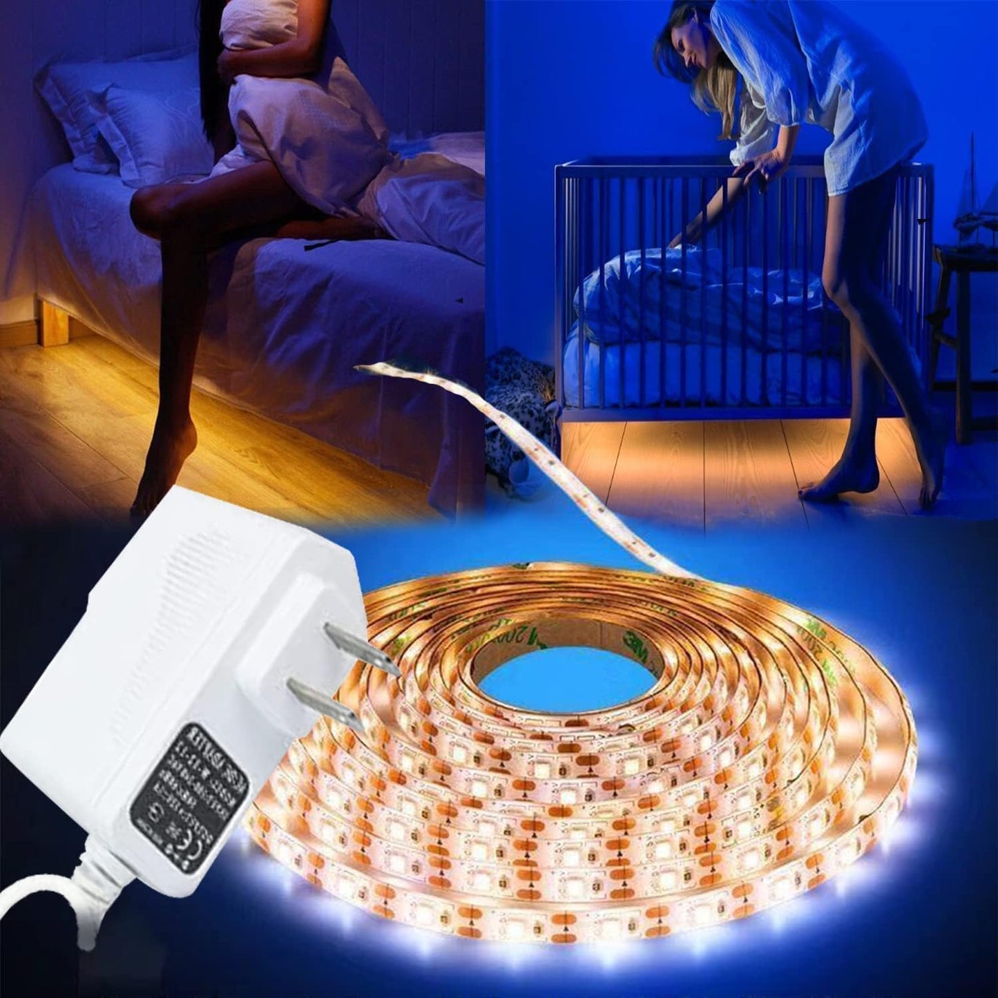 16.4ft (5m) Motion Activated LED Strip Lights, Warm White 12v Plug-in LED Rope Lights Waterproof for Under Cabinet,Kitchen,Stair