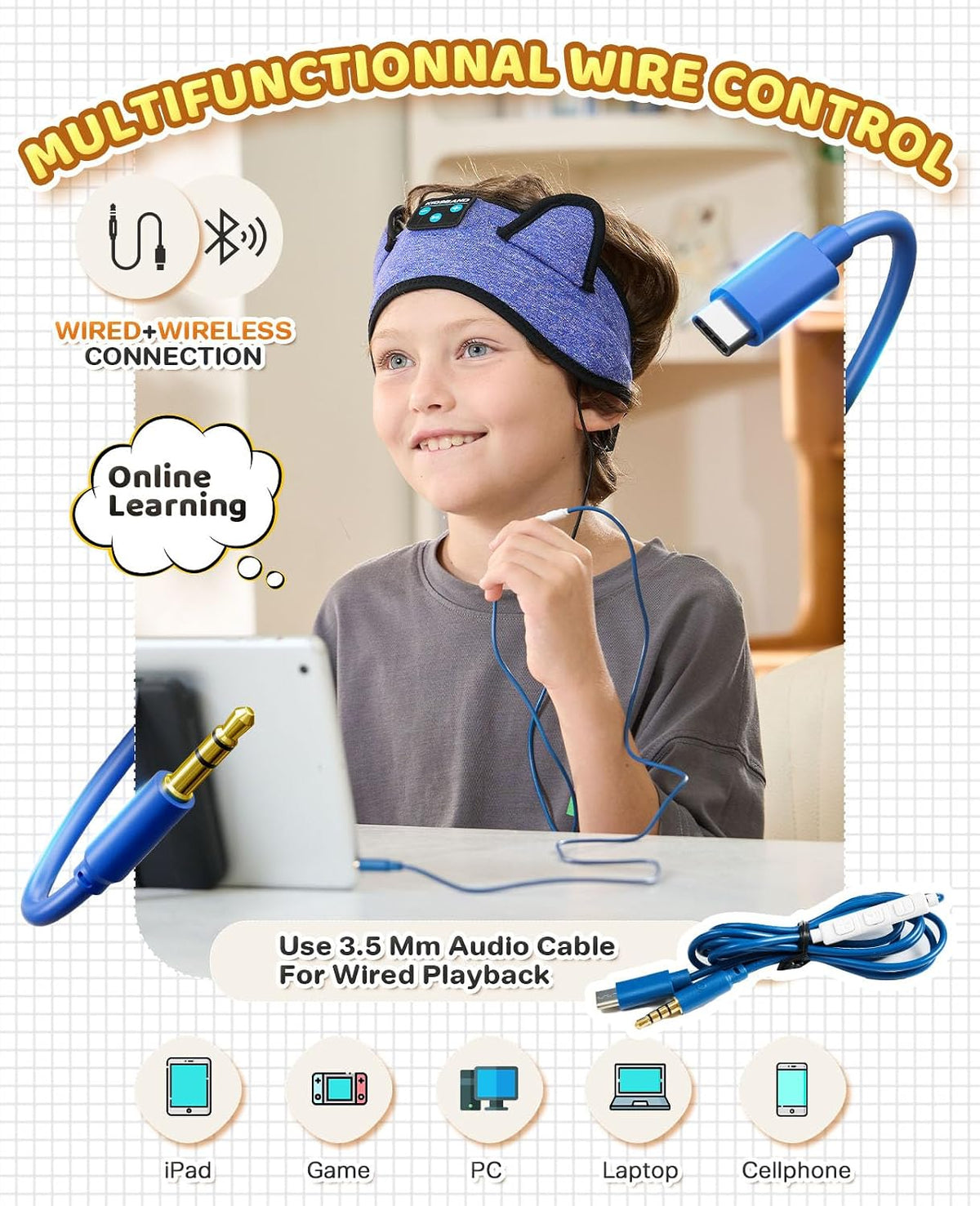 KIDSBAND Kids Bluetooth Headphones, Sleep Headband [Wireless & Wired Playback 2in1] Foldable Headphones for School/Travel/Tablet/Sleep