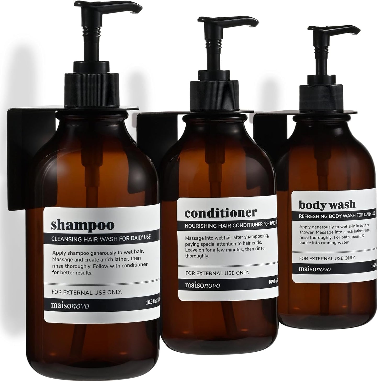 MaisoNovo Shampoo and Conditioner Dispenser|Refillable Black Set of 3 | 500 ml Shower Gel Dispenser Set of 3. Refillable Shampoo and Conditioner Bottles. Drill Free Secure Design. Black
