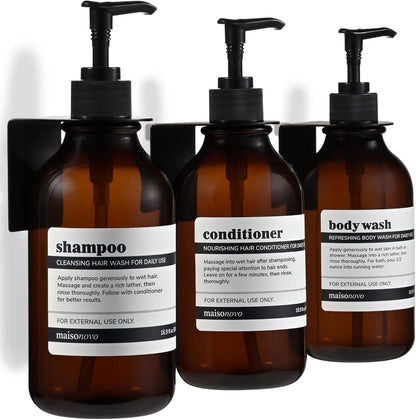 MaisoNovo Shampoo and Conditioner Dispenser|Refillable Black Set of 3 | 500 ml Shower Gel Dispenser Set of 3. Refillable Shampoo and Conditioner Bottles. Drill Free Secure Design. Black