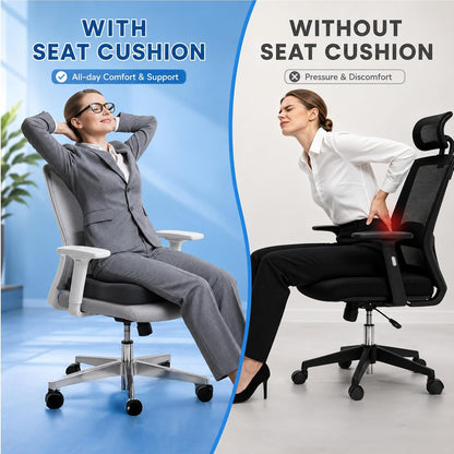 2 Pack Seat Cushion Memory Foam for Office Chairs& Car, Black and Gray | Chair Cushions Firmer Support for Long Sitting, Ergonomic Design for Sciatica and Tailbone Pain Relief, Non-slip Base