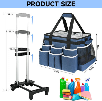 Large Rolling Cleaning Caddy Bag with Detachable Trolley,Cleaning Cart on Wheels with Shoulder Strap,Cleaning Supplies Organizer for Housekeepers,Purple