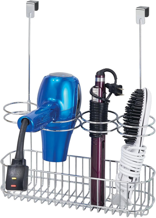 mDesign Metal Bathroom Storage Tool Organizer Accessory Basket Tray - Hang Over Cabinet Door - Storage for Hair Dryer, Straightener, Curling Iron & Hair Styling Products - Concerto Collection - Chrome