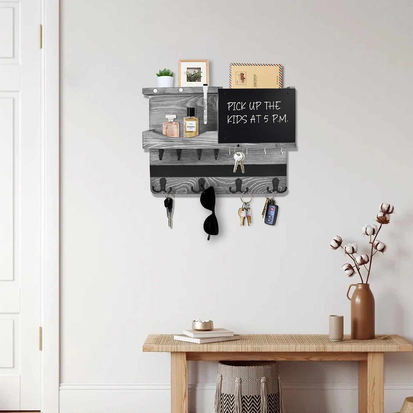 Key Holder for Wall Mount with Shelf and Mail Organizer, Key and Mail Holder with 16 Hooks, Farmhouse Entryway Organizer, Home Decor Rack (Pine Wood, White Washed)