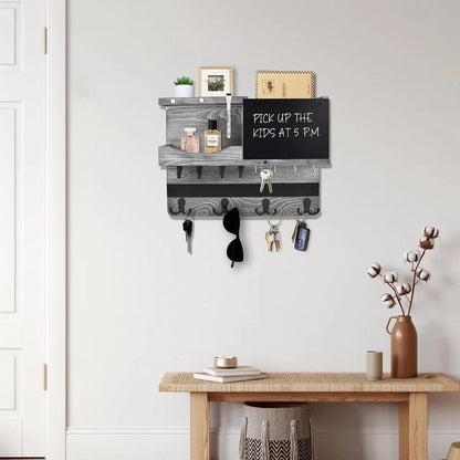 Key Holder for Wall Mount with Shelf and Mail Organizer, Key and Mail Holder with 16 Hooks, Farmhouse Entryway Organizer, Home Decor Rack (Pine Wood, White Washed)
