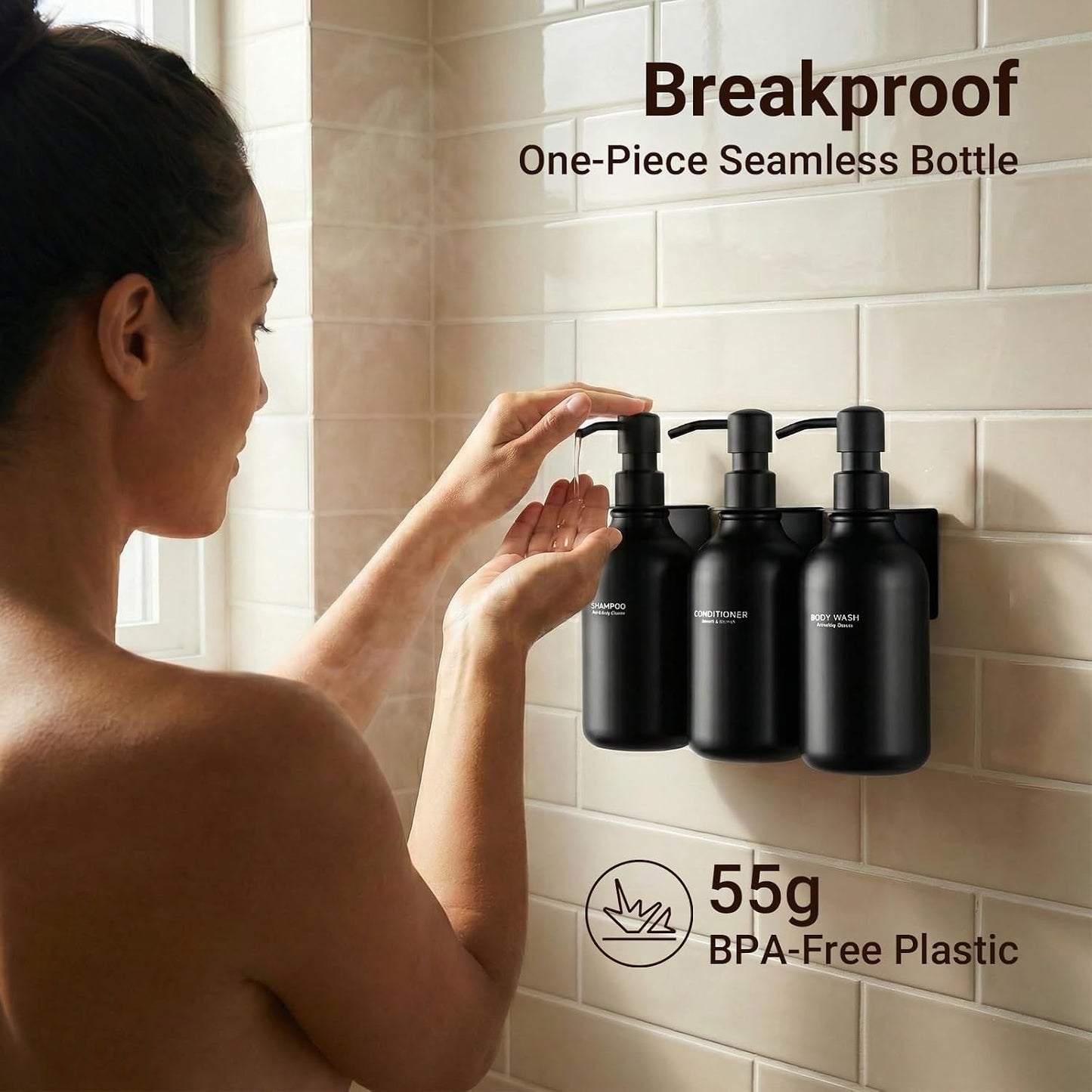Shampoo and Conditioner Dispenser - Shower Soap Dispenser 3 Chamber No Drill - Bathroom Soap Dispenser Wall Mount Adhesive - Clear PET Bottles with Nature Bamboo Pumps Set Refillable 1500ml