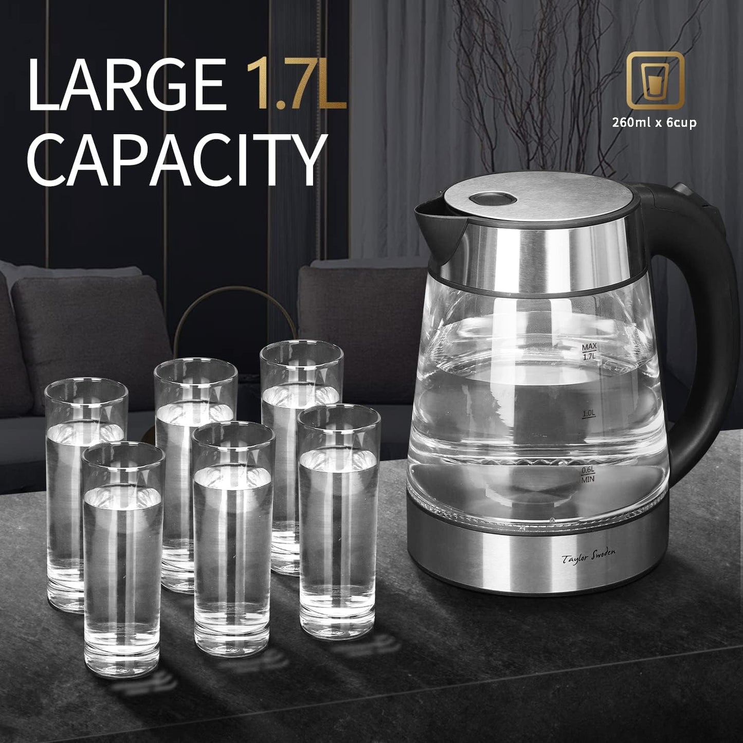 Taylor Swoden 1.7L Electric Tea Kettle, Glass Hot Water Boiler for Tea | Fast Boiling Electric Kettle Cordless Water Boiler with Auto Shutoff & Boil Dry Protection, Glass & Stainless Steel
