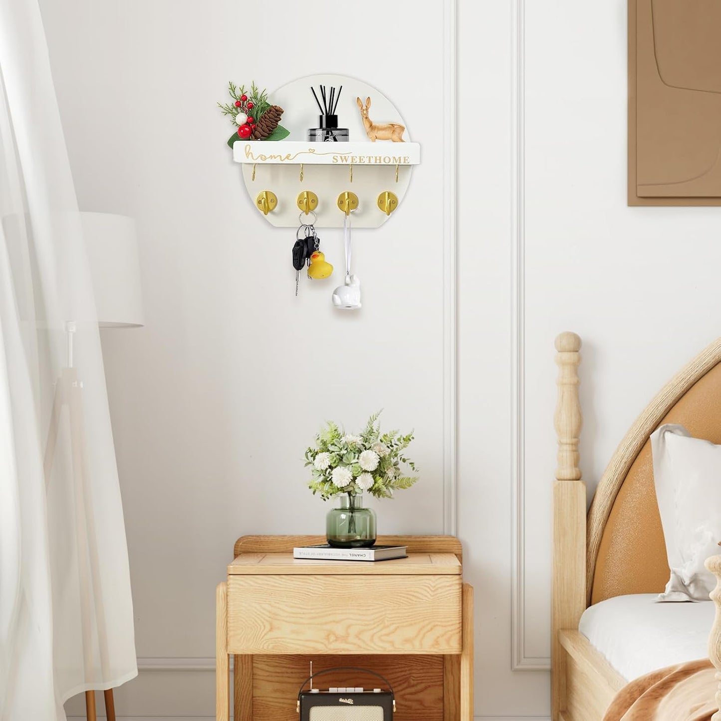 Key Holder for Wall, Key and Mail Holder Organizer - Key Holder Wall Mount with Bouquet Shelf and Key Hooks, Round Wooden Rustic Key Rack for Entryway and Home Decor (Black)
