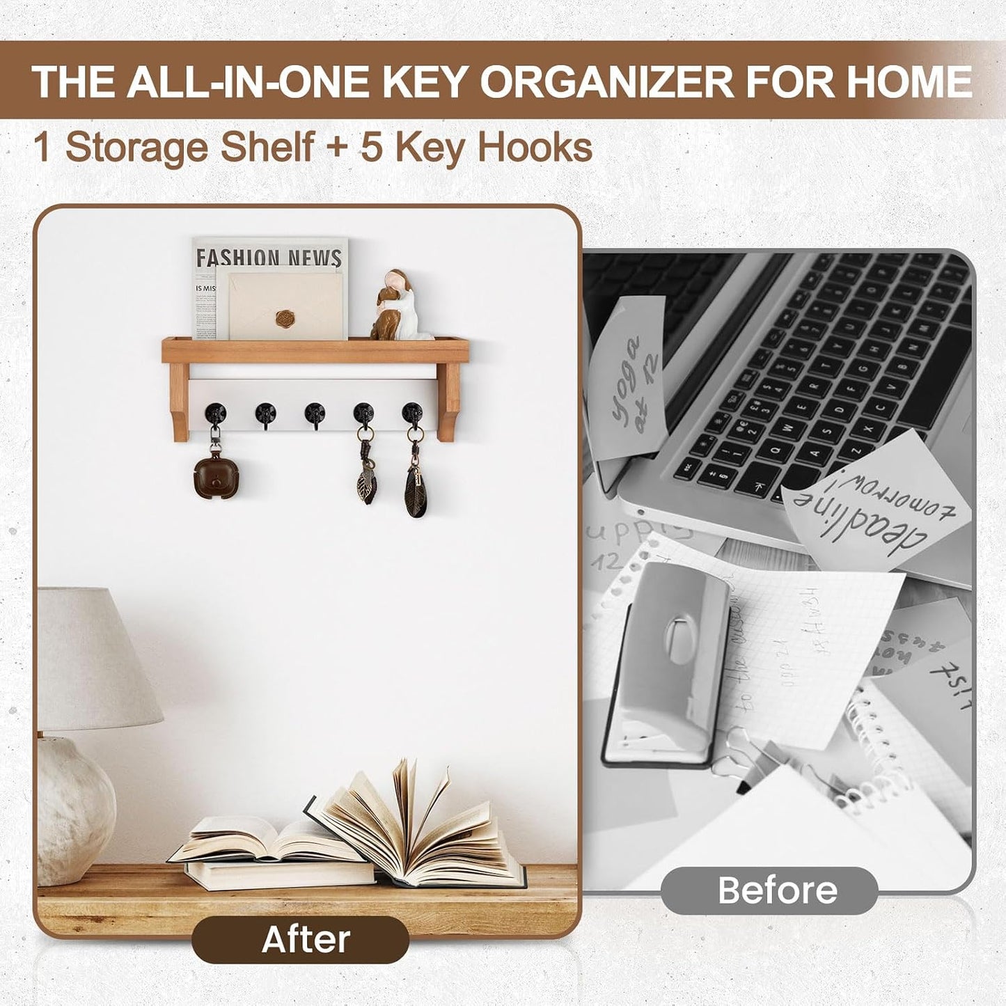 Key and Mail Holder Wall Mount, Mail Organizer with 5 Key Hooks | Key Holder with Shelf, Key Holder for Coat, Dog Leash, Home Decor Rack, Entry Way Organizer