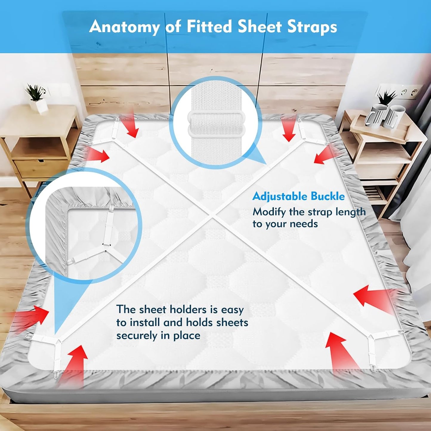 Bed Sheet Straps, 2Pcs Elastic Adjustable Bed Sheet Holder Straps, Fitted Sheet Straps to Hold Sheets in Place with Metal Clips, Sheet Holders for Mattress Cover, Sheet, Sofa Cushion (Black)