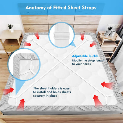 Bed Sheet Straps, 2Pcs Elastic Adjustable Bed Sheet Holder Straps, Fitted Sheet Straps to Hold Sheets in Place with Metal Clips, Sheet Holders for Mattress Cover, Sheet, Sofa Cushion (Black)