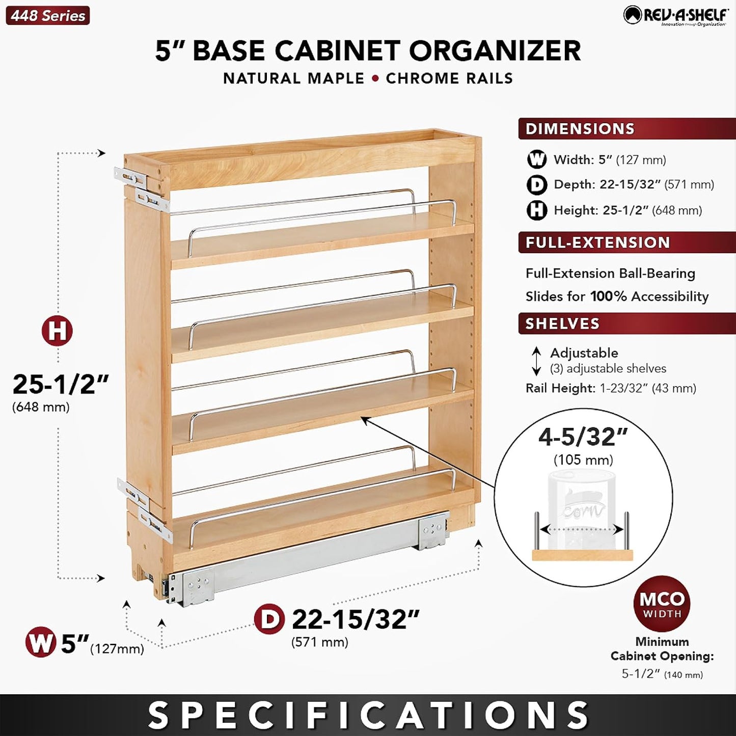 Rev-A-Shelf Pullout Kitchen Cabinet Organizer, Min Cabinet Opening 5.5" W | 5" W Slide Out Pantry Spice or Utensil Storage Rack with Adjustable Shelves for Base Cabinet Organization, 448-BC-5C