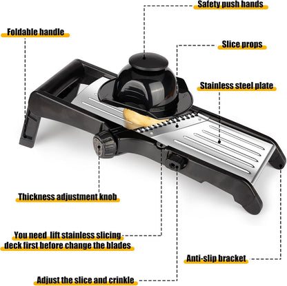 -BINGBING- Mandoline Slicer for Kitchen, 7-in-1 Adjustable Vegetable Slicer | Stainless Steel Food slicer, Adjustable Blade, Slices, Julienne, Waffle and French Fries Cut, Includes Gloves and Brush