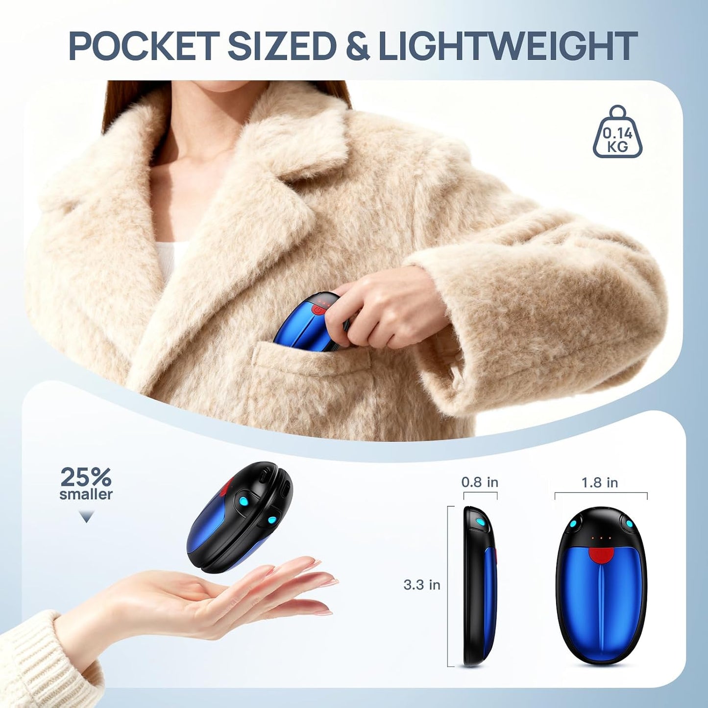 Hand Warmers Rechargeable, 2 Pack Portable Pocket Hand Warmers, 20Hrs Long Heating Double Warm Electric Handwarmers, Reusable Heater for Outdoors, Camping, Hunting, Golf, Fishing