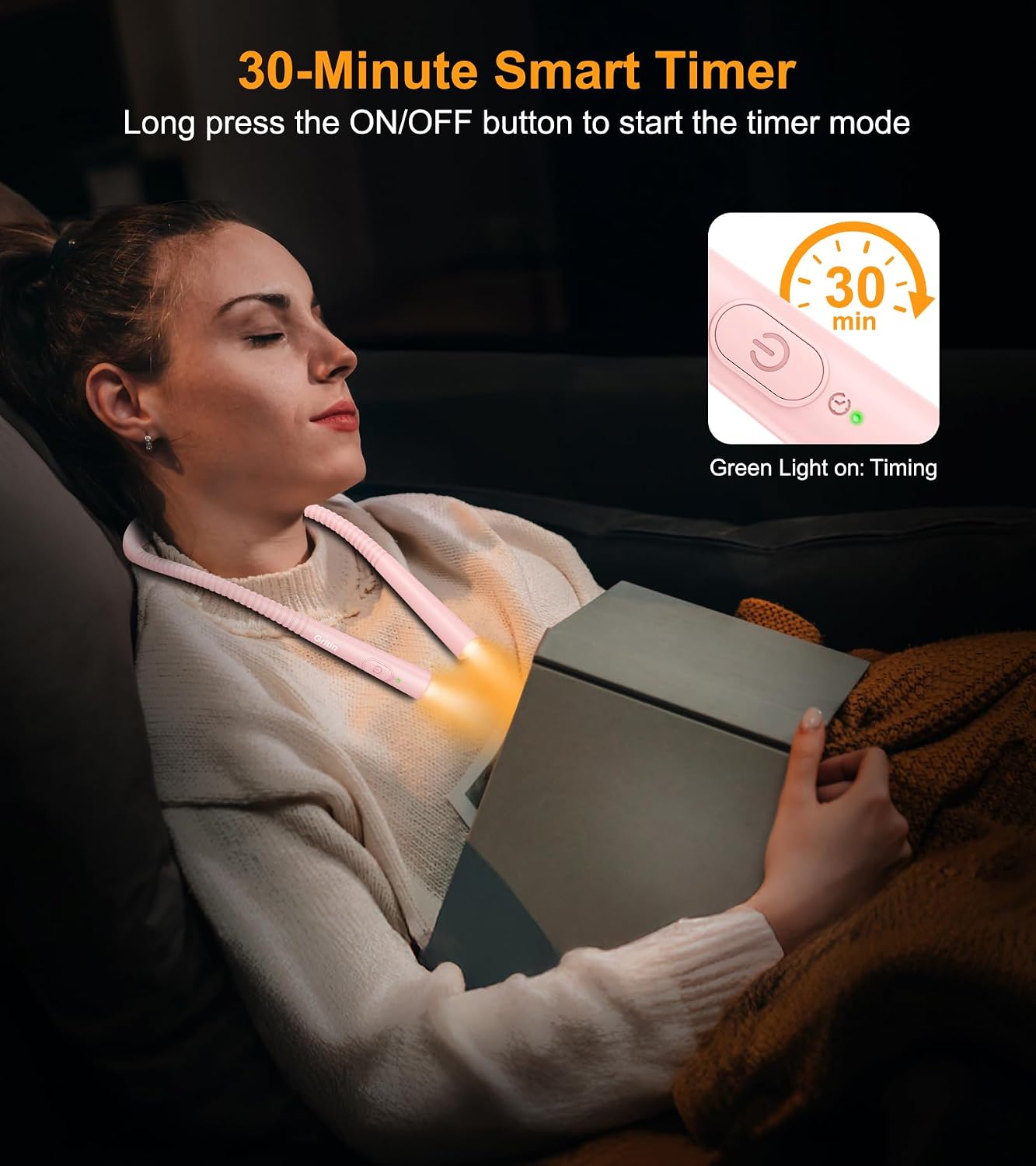 Gritin Book Light, Eye Caring 4-Color&5-Brightness Neck Light Reading Light | Stepless Dimming, 30-min Timer, 80+ Hrs Runtime, Bendable Round Neck Design, Lightweight for Reading, Knitting, Repairing