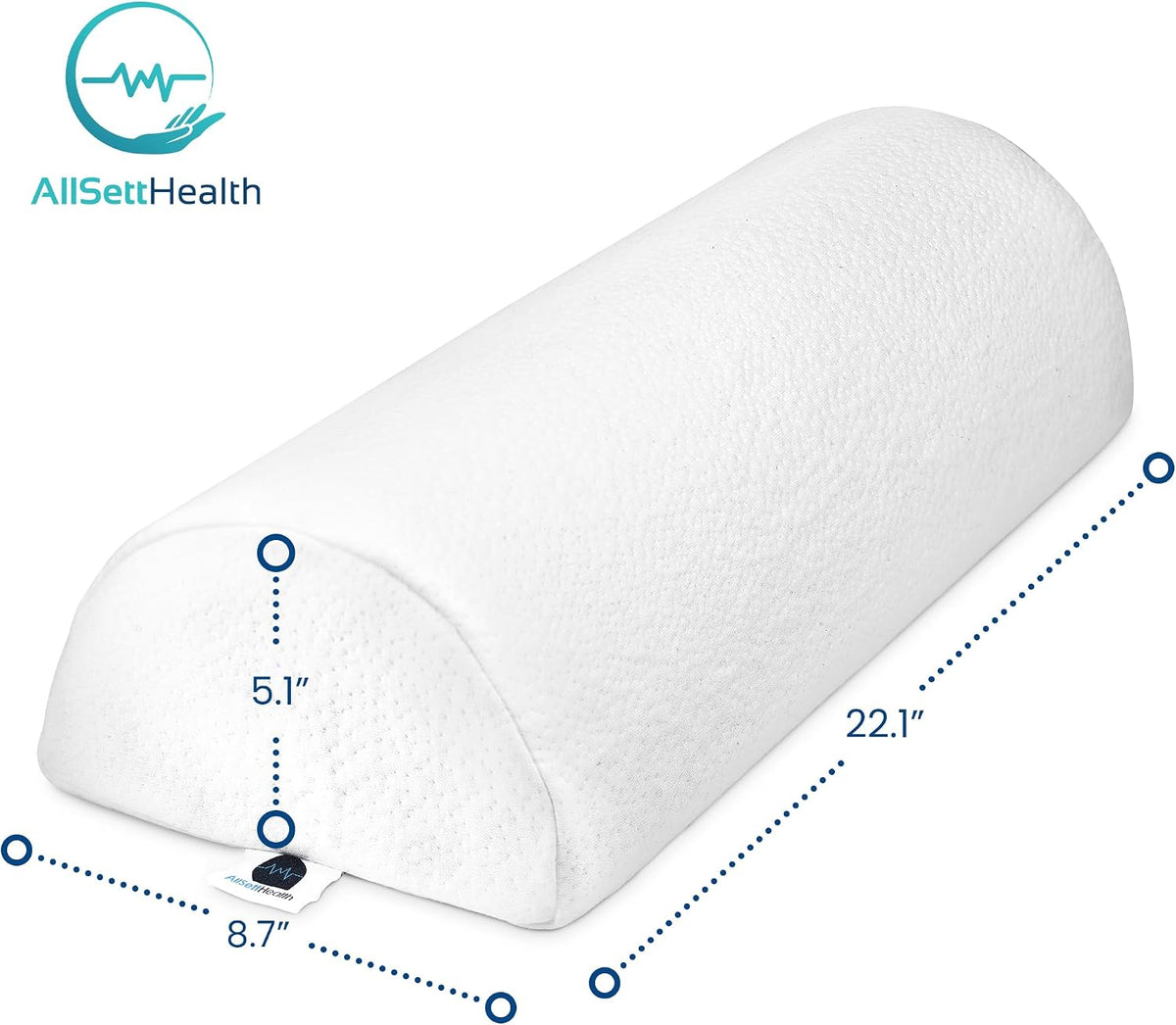 AllSett Health Large Half Moon Bolster Pillow for Legs, Knees, Lower Back and Head, Lumbar Support Pillow for Bed, Sleeping | Semi Roll for Ankle and Foot Comfort - Machine Washable Cover, White